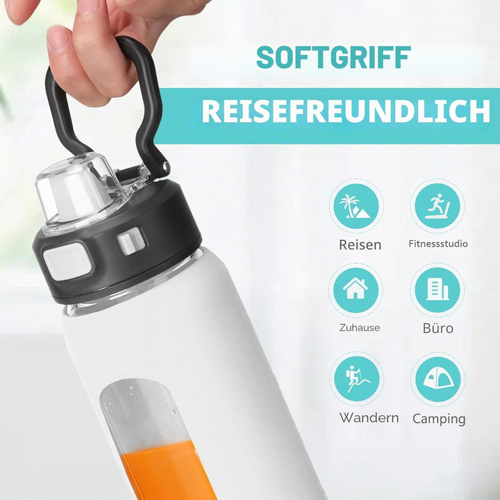 BLUEGO 700ml Trinkflasche Glas mit Strohhalm und Griff Auslaufsichere Wasserflasche mit Silikonhülle