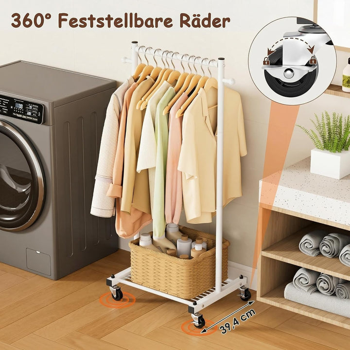 MISSLO Kinder Kleiderständer auf Rollen, 114cm Stabil Klein Kleiderstange mit Ablage, Metall Schmal