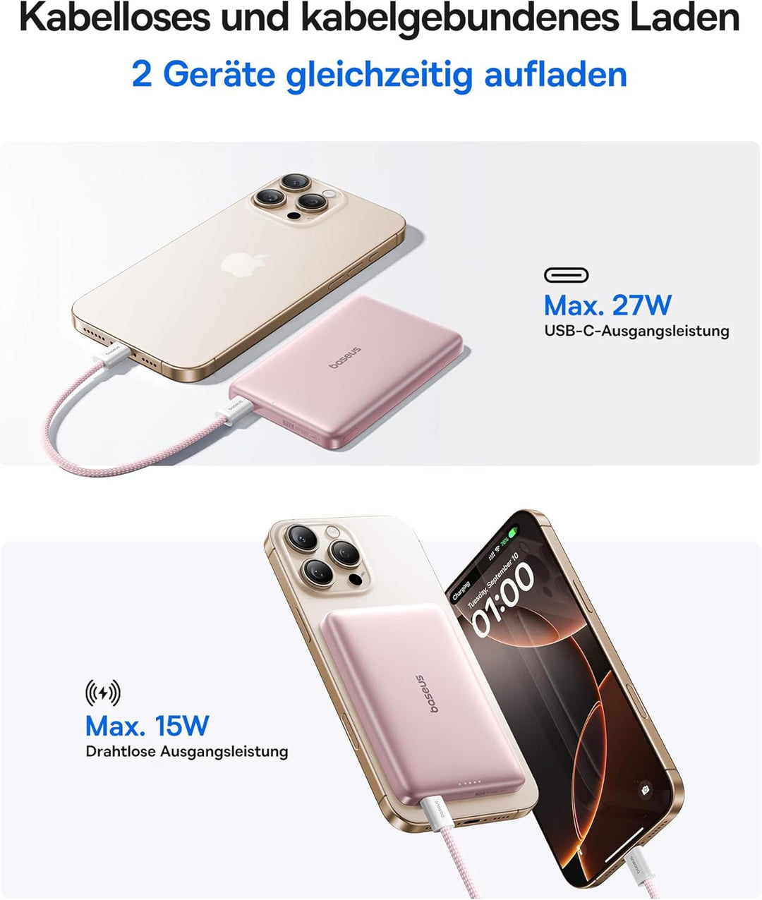Baseus Picogo AM41 Power Bank, 10000mAh Qi2 Magsafe Powerbank 15W Wireless, Ultra Slim, PD 27W Schne