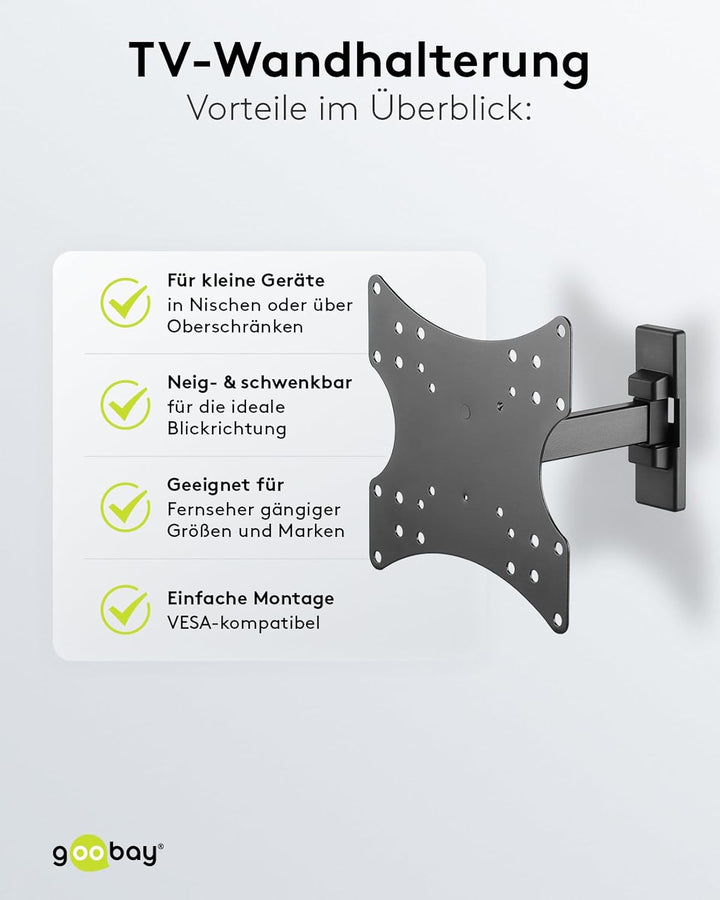 goobay TV-Wandhalterung – 23 bis 42 Zoll, voll bewegliche neig- und schwenkbare Monitorhalterung, 20