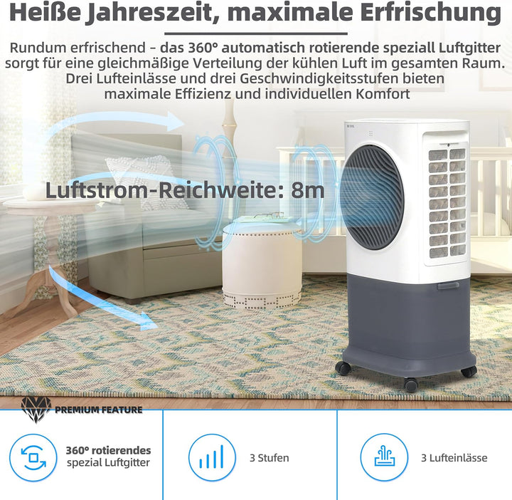 BE COOL Premium Luftkühler BC6ACP2501W mit WiFi, 6,5L Wassertank, 340 m³/h Luftleistung, Timer, Fern