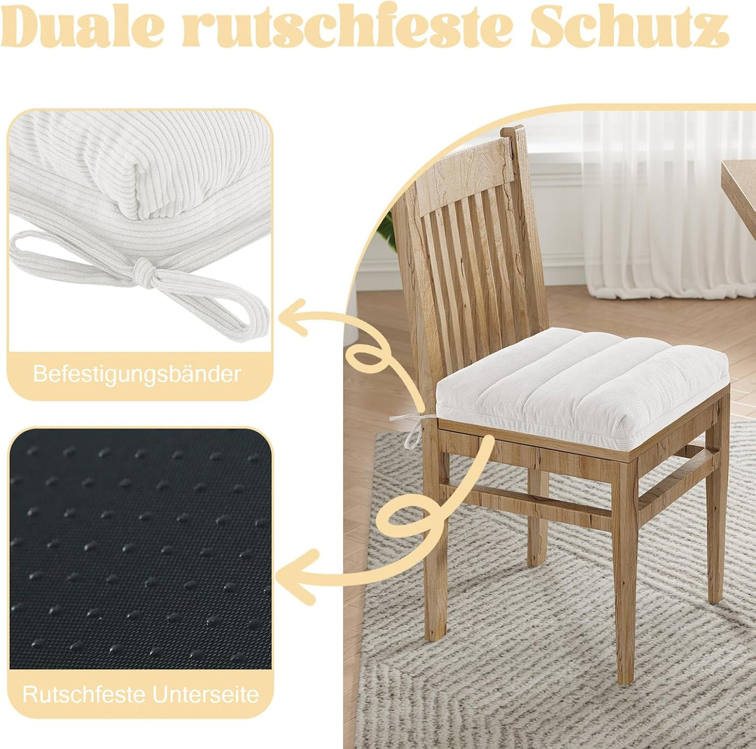 Dicke Sitzkissen 2er Set Cord – Stuhlkissen mit Rutschfester Unterseite & Bindebändern, Stuhlauflage