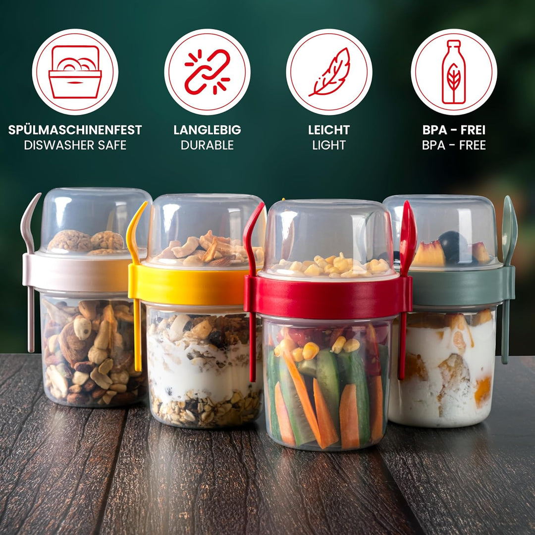 spar-home Müslibecher To Go – 4er Set Joghurtbecher To Go mit Löffel und Gabel Müsli To Go Becher 60