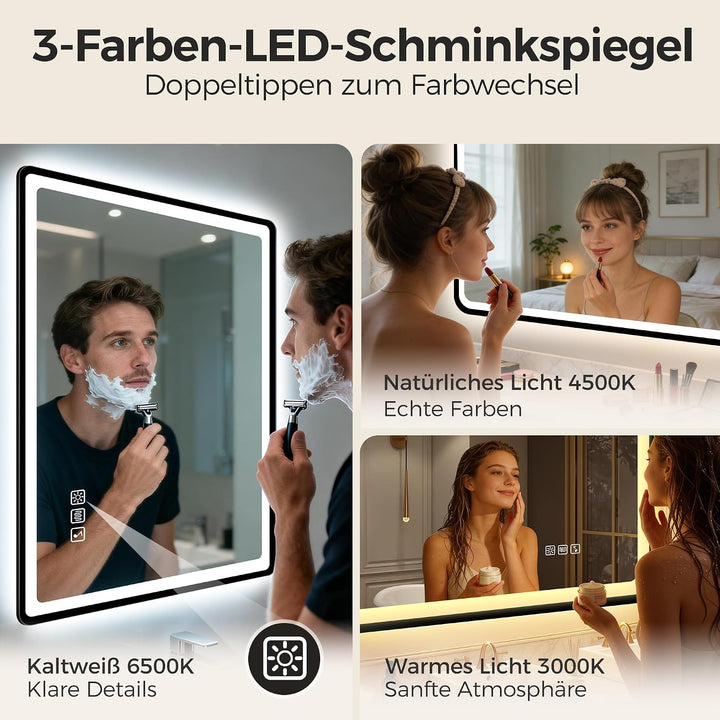STARLEAD 80x60cm Schwarz LED-Badezimmerspiegel-mit-Beleuchtung und Bluetooth, Entfoggen, Dimmbar, 3