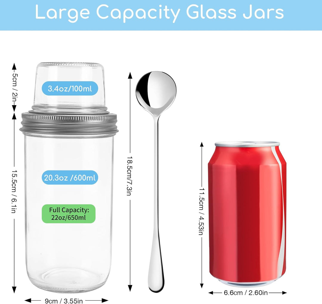 4er Overnight Oats Gläser, 600ml+100ml Doppelschicht Joghurtbecher mit Edelstahlöffel & Trocken-Nass