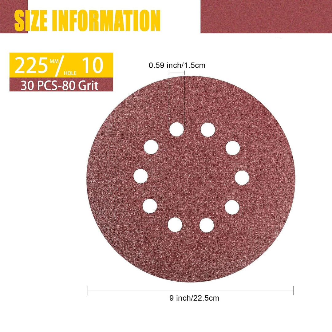 Schleifpapier 225mm Klett, 30 Stück Schleifscheiben 225mm (5xP80/P100/P120/P150/P180/P240 Körnung) 1