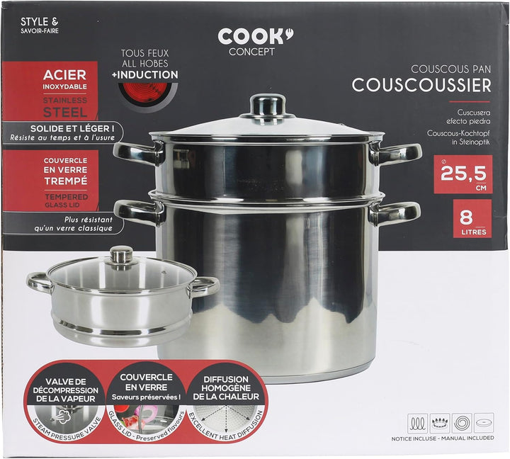 COOK CONCEPT, KC0006, Metal Couscous Maker with Glass lid, 8L Capacity, Compatible with All Heat Sou