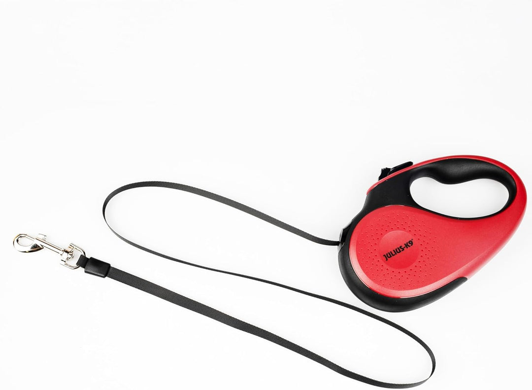 Julius-K9 Rollleine, M - 5 m Band, Schwarz/Rot – Rutschfester Griff, Bandleine, ausziehbar, Einhandb
