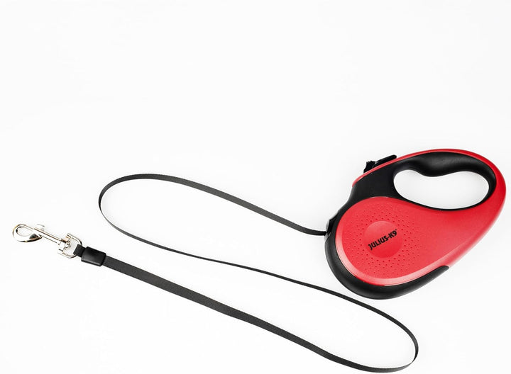 Julius-K9 Rollleine, M - 5 m Band, Schwarz/Rot – Rutschfester Griff, Bandleine, ausziehbar, Einhandb