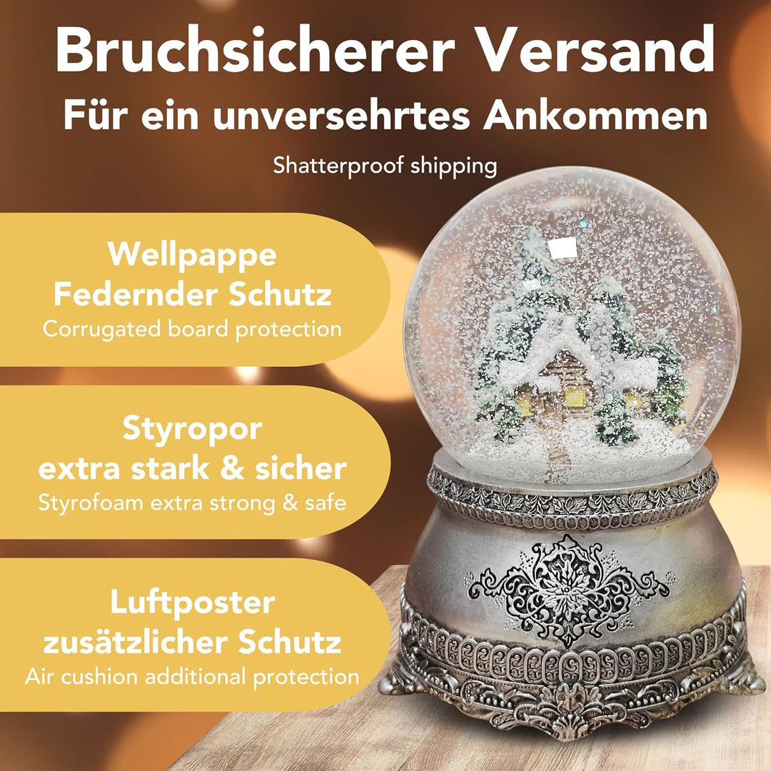 Schneekugel Hüttenzauber Berghütte auf Sockel Landschaft Silber Spieluhr Weihnachten Winter mit Spie