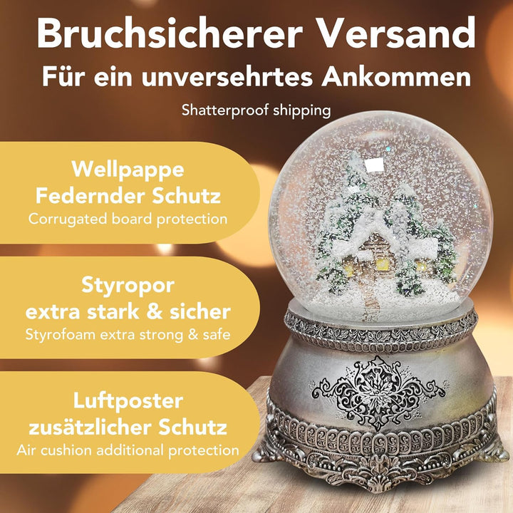 Schneekugel Hüttenzauber Berghütte auf Sockel Landschaft Silber Spieluhr Weihnachten Winter mit Spie