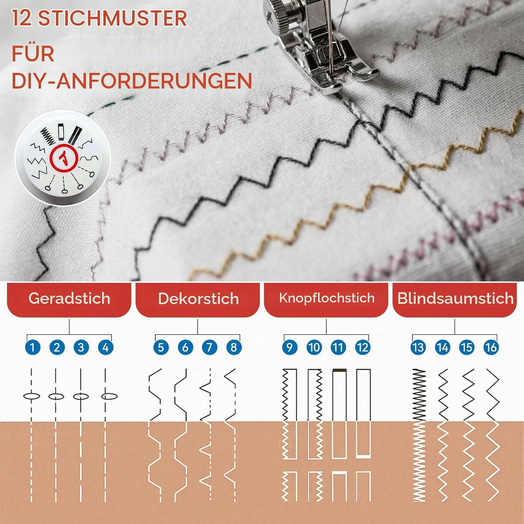 Nähmaschine für Kinder und Anfänger, 12 Stichmuster Overlock Nähmaschine, Portable Mini Sewing Machi