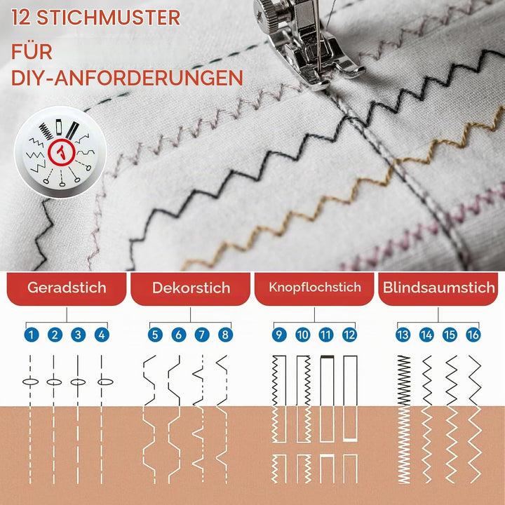 Nähmaschine für Kinder und Anfänger, 12 Stichmuster Overlock Nähmaschine, Portable Mini Sewing Machi