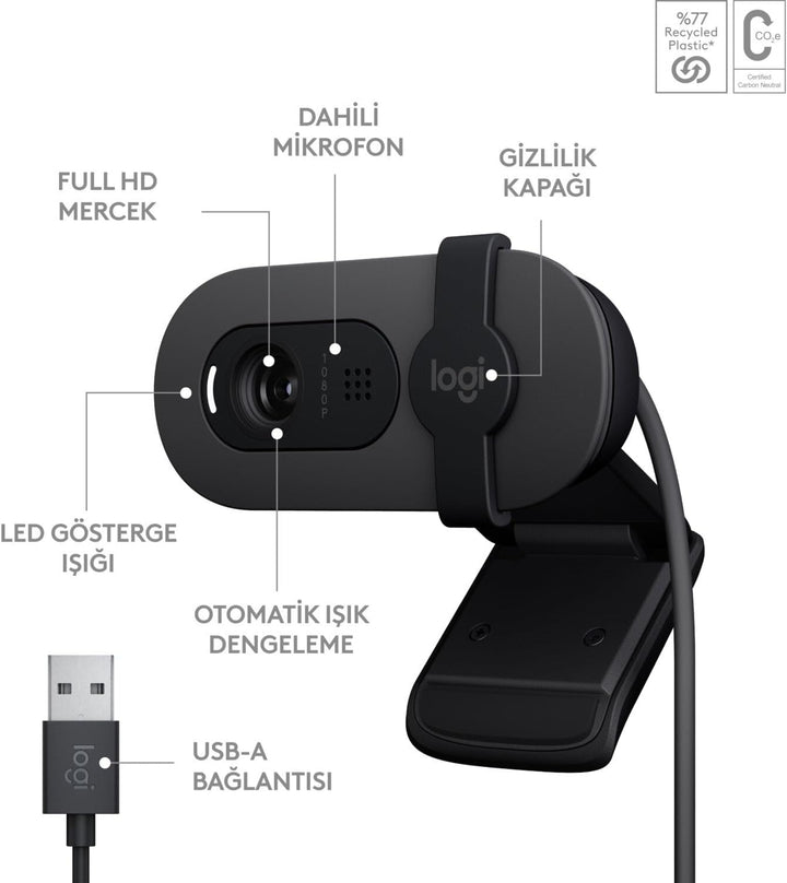 Logitech Brio 100 Full HD 1080p Webcam mit Privacy Cover Mikrofon - Schwarz schwarzes, schwarzes