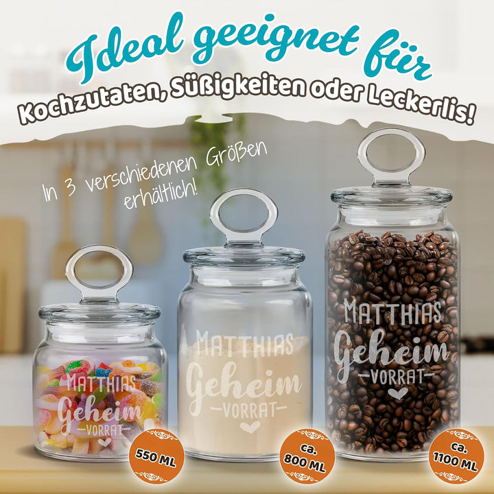 Print Royal PR Personalisierte Keksdose aus Glas mit Gravur - 550 ml - Geheim-Vorrat mit Name selbst