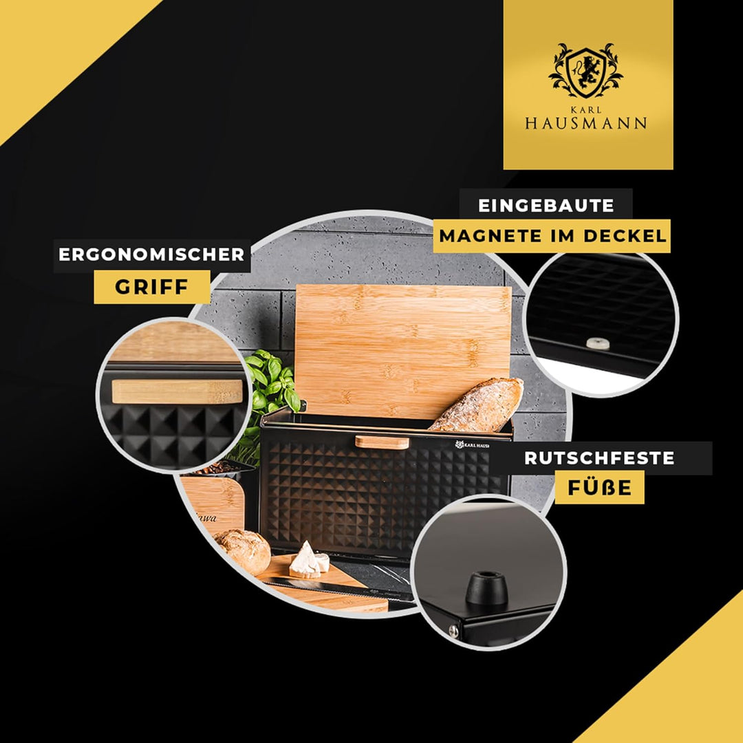 KARL HAUSMANN Brotkasten Metall Grau mit Bambus Deckel - Hält Brot länger frisch | Grosse Brotbox zu