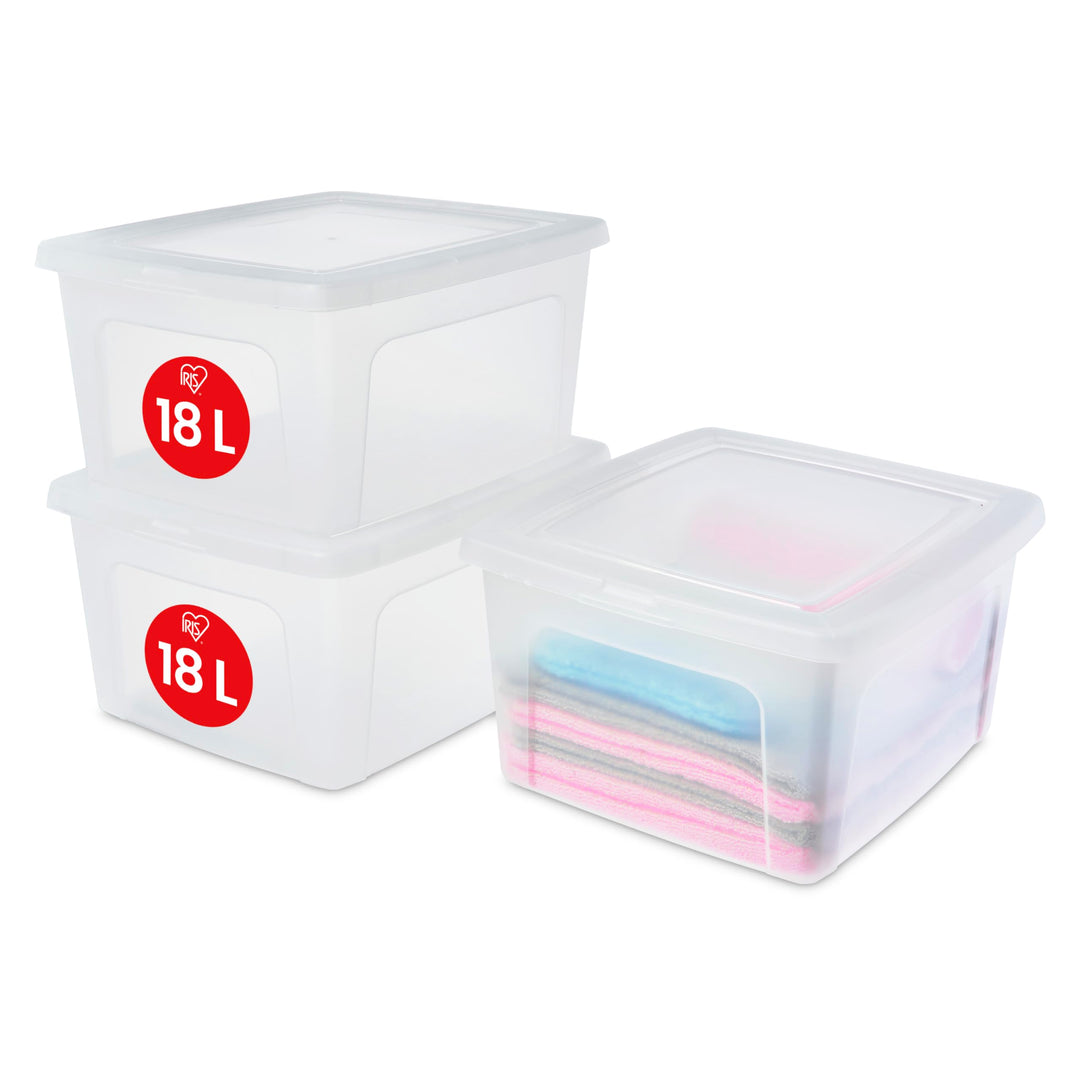 Iris Ohyama, 3er-Set Aufbewahrungsboxen, 18L - Stapelbar - L39.5 x B34 x H20 cm - Transparent. Trans
