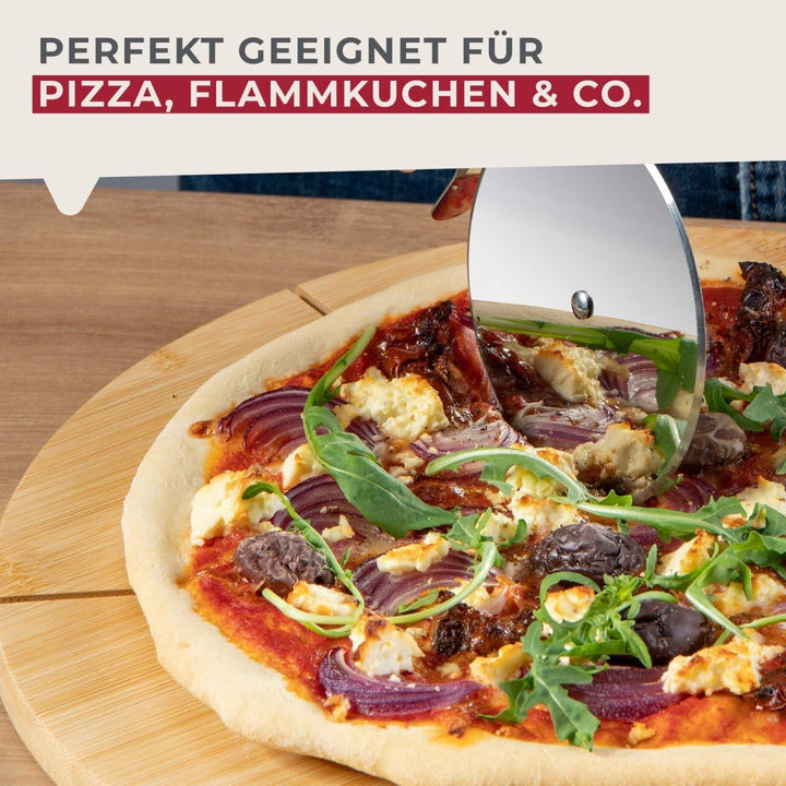 Fackelmann Pizza Schneidebrett Holz rund 32 cm – Aus nachwachsendem Bambus – Schneidrillen für perfe