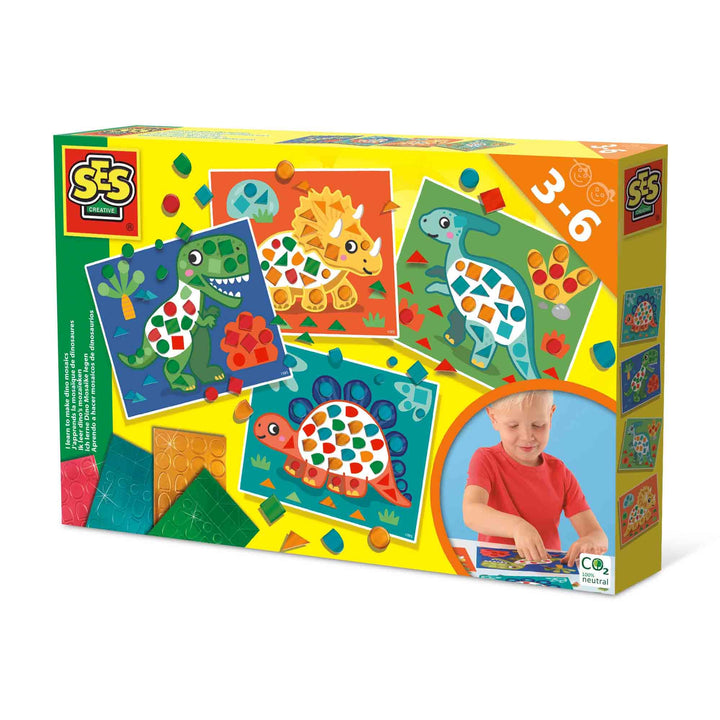 SES Creative 14830 Dinosaurier Mosaik Lernset für Kinder - Mit 4 grossen Metallic-Mosaikkarten ab 3