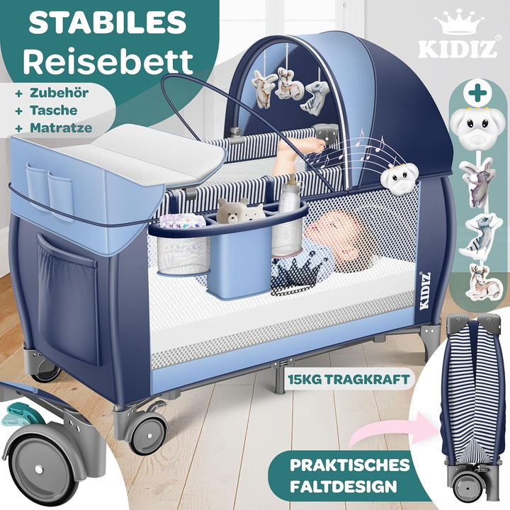 Kidiz® Babybett Reisebett Kinderreisebett klappbar mit Matratze & Räder 120x60, Seiteneingang, Wicke