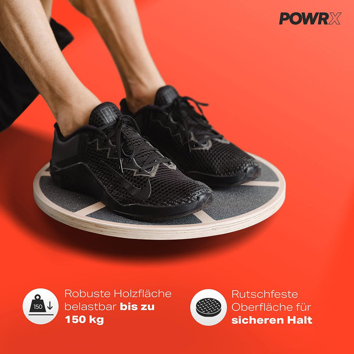 POWRX Balance Board aus Holz - Gleichgewichtstrainer | Bewegungskreisel für Physiotherapie inkl. Wor