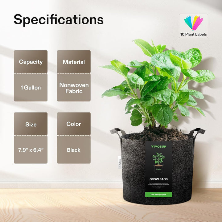 VIVOSUN 5er-Pack Pflanzbeutel mit Griffen aus verdicktem Vliesstoff, ca. 3,5 l 1 Gallon, 1 Gallon