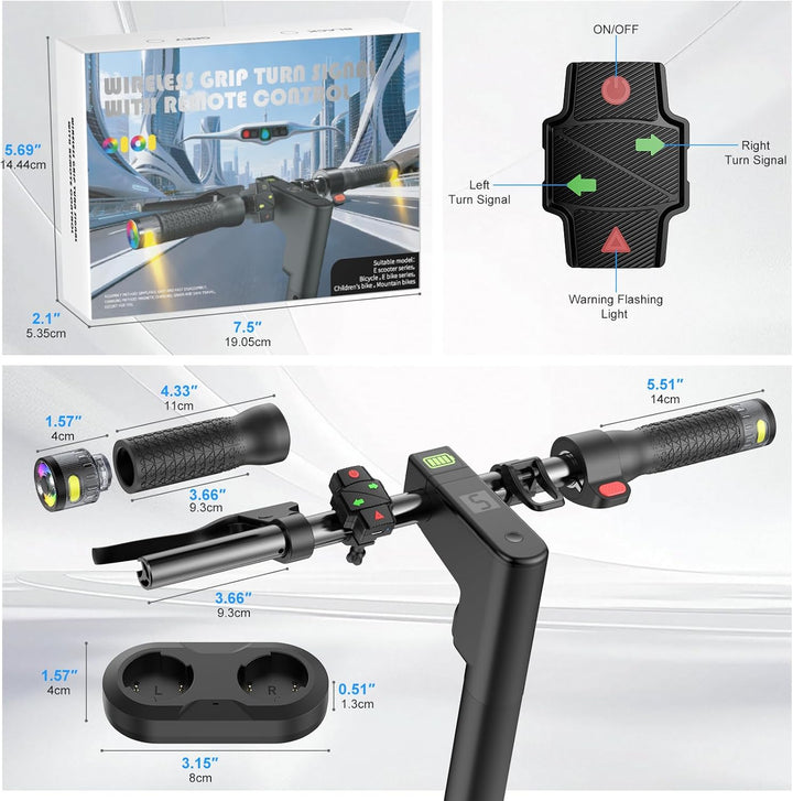 E Scooter Blinker Griff mit Farbwechsel-Lichtern, Roller Blinklicht mit magnetischer Ladestation & F