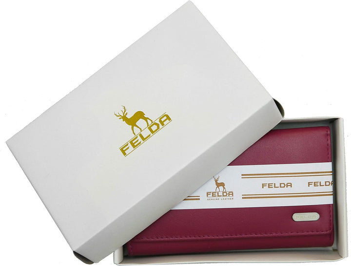 FELDA RFID-Damen-Geldbörse, echtes Leder, Mehrfarbig, weiche Kreditkarten-Geschenkbox Purse Weinrot,