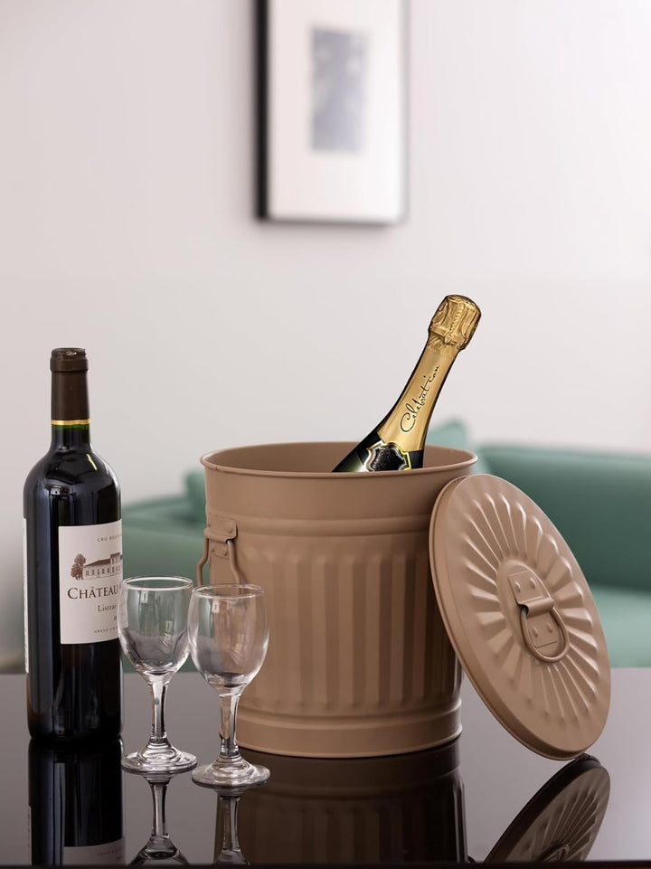 Jinfa Kleiner Metalleimer mit Deckel kleine Oskartonne retro | Beige | Ø 21,5 cm, Höhe 21,5 cm, 7 Li