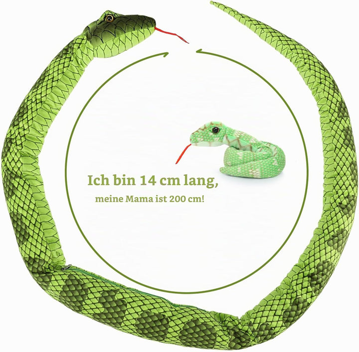 MorisMos Riesen Schlange Kuscheltier XXL,200cm lang Grün Kuschelschlange mit 3 Baby im Bauch, Gross