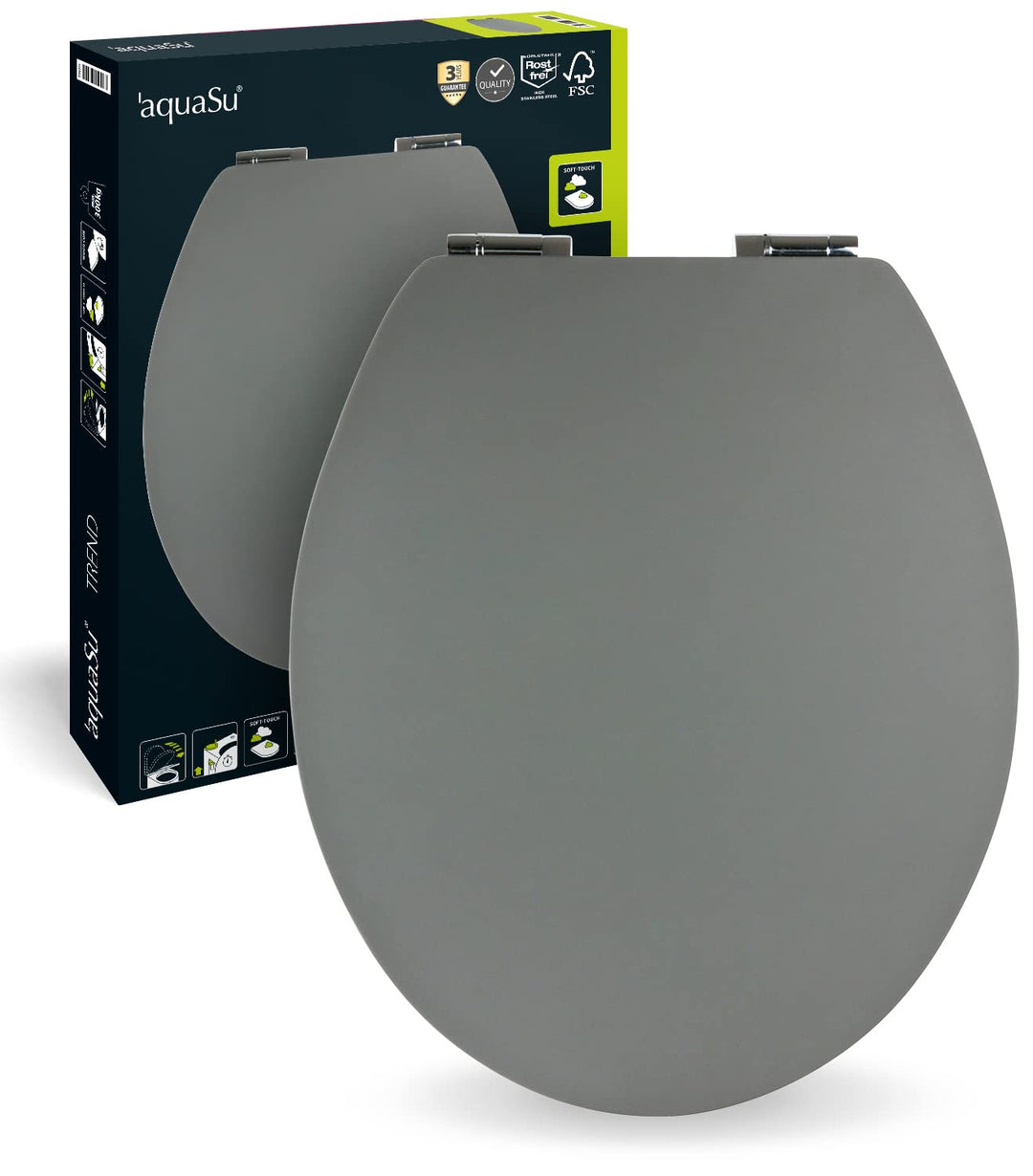 'aquaSu® WC-Sitz mit Absenkautomatik in grau | Stabiler Holzkern Toilettendeckel | Soft-Touch Toilet