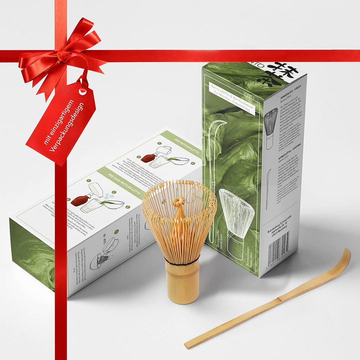Matcha Besen und Löffel Set - handgefertigter Bambusbesen (Chasen) mit Löffel (Chashaku) für die tra
