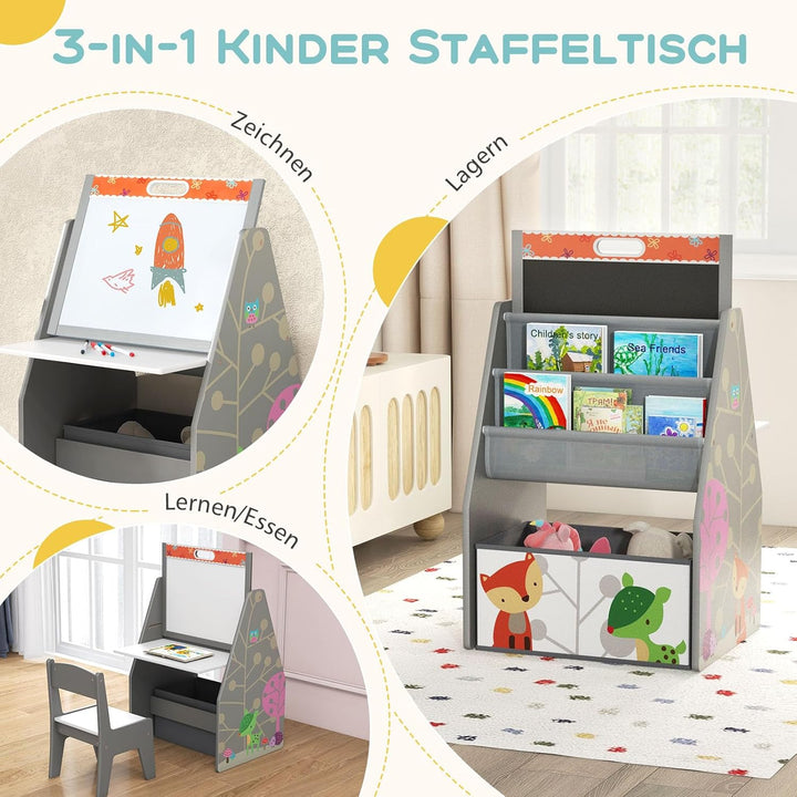 GOPLUS Kinderstaffelei Spieltisch mit Stuhl, Kindertisch und Stuhl-Set mit drehbarer doppelseitiger