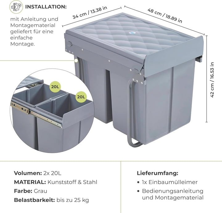 [en.casa] Einbau-Mülleimer Froland Abfallsortierer Ausziehbarer Müllsammler 2 Herausnehmbare Fächer