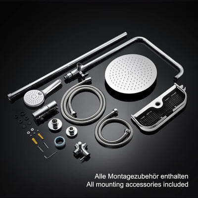 JOHO Edelstahl Regenduschset Duschsystem ohne Armatur, Duschset Duschstange mit Ablage Chrom(Kopfbra
