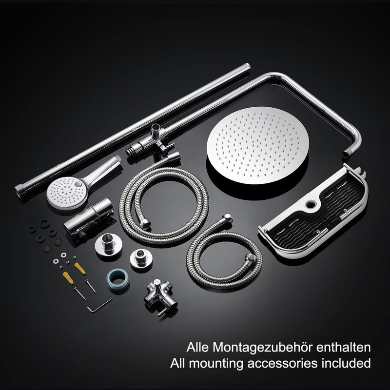 JOHO Edelstahl Regenduschset Duschsystem ohne Armatur, Duschset Duschstange mit Ablage Chrom(Kopfbra
