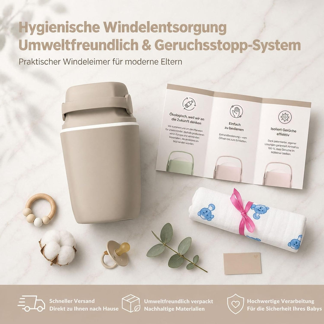 AirWell Windeleimer Geruchsdicht & Windel Blaubaer - Wickeleimer, mit Geruchsstopp-System, Einhändig