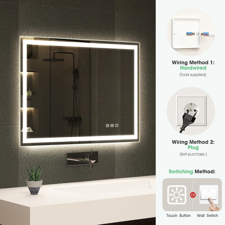 S'bagno Bluetooth-Badspiegel-mit-Beleuchtung-80x60cm, LED-Badezimmerspiegel mit Entfoggen, 3000K-650