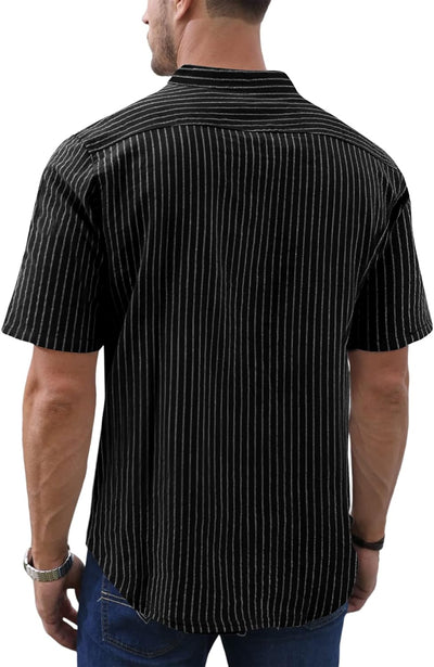 Herren-Leinenhemden, lässige Baumwolle, Henley-Ausschnitt, gestreiftes Hemd, Sommer-Kurzarmhemden XL