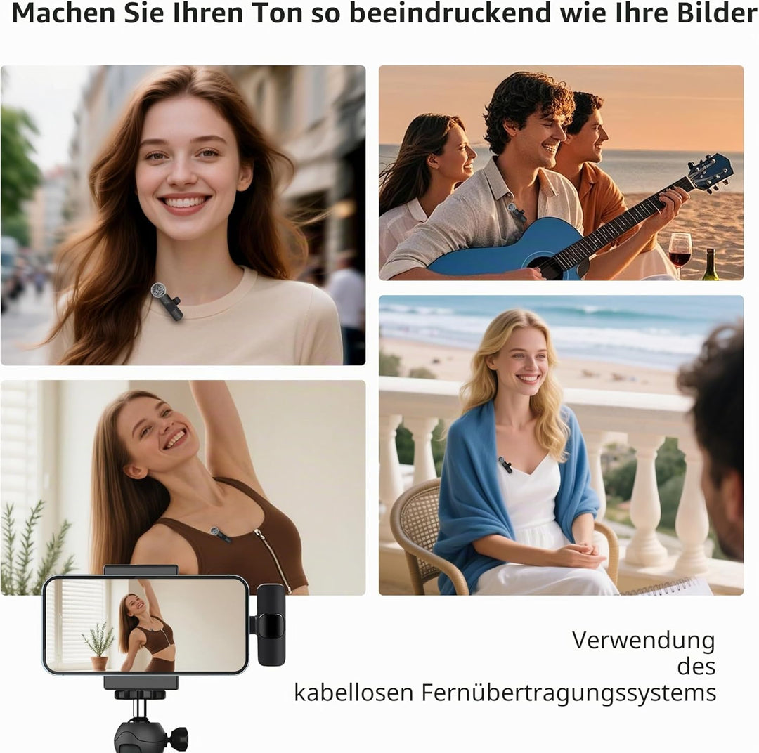 Kabelloses Lavalier-Mikrofon für iPhone iPad & Android - 2er-Pack Mini-Clip-On-Mikrofon mit Geräusch