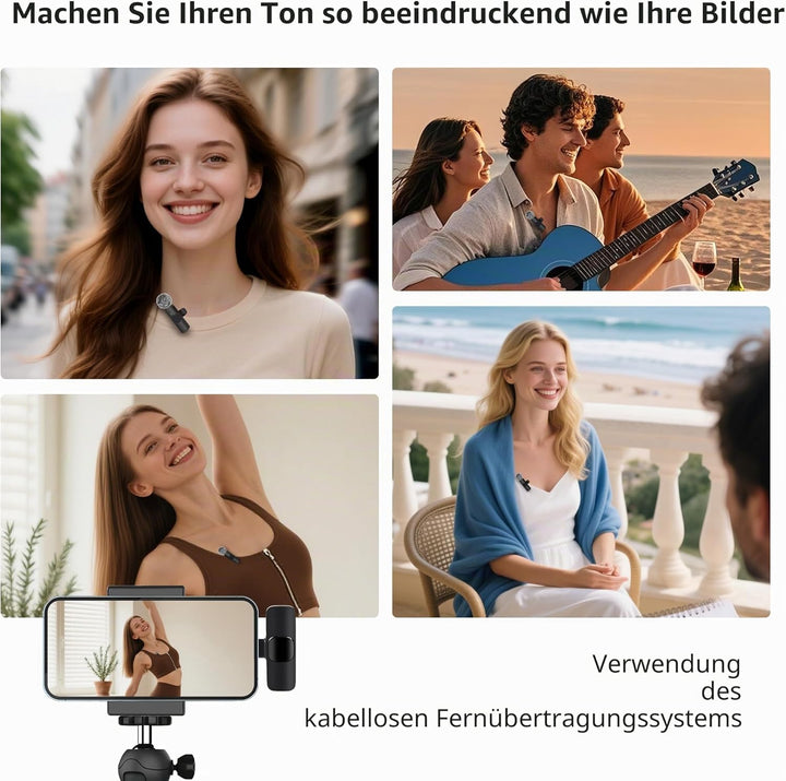 Kabelloses Lavalier-Mikrofon für iPhone iPad & Android - 2er-Pack Mini-Clip-On-Mikrofon mit Geräusch
