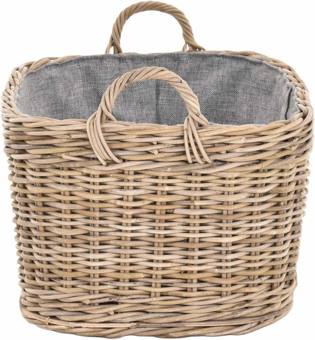Holzkorb für Kaminholz Rattan geflochten mit Griffen und Stoff Tragekorb Holz (Grau Natur, 64x50cm)