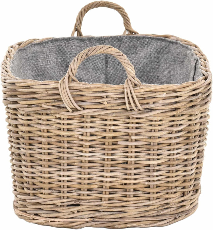 Holzkorb für Kaminholz Rattan geflochten mit Griffen und Stoff Tragekorb Holz (Grau Natur, 64x50cm)