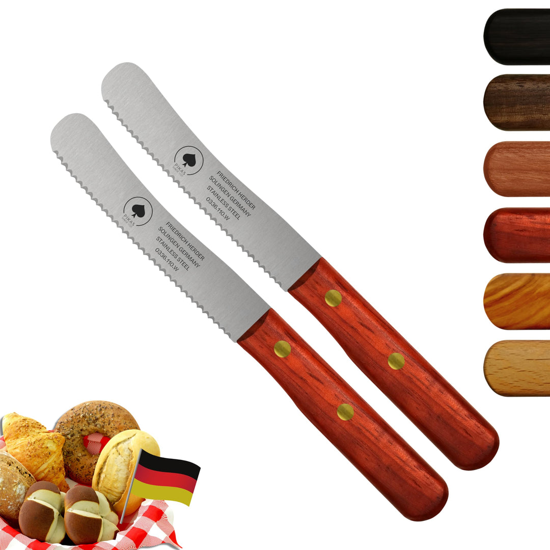 Solingen Messer, 2er Set Padouk Holzgriff, Wellenschliff, Premium Buckelmesser, Klinge rostfrei 11cm