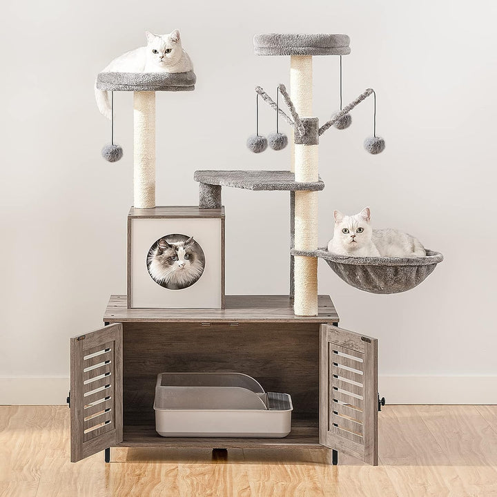 HOOBRO kratzbaum mit katzenklo Schrank, katzenbaumTurm, All-in-One-Katzenmöbel für drinnen, versteck