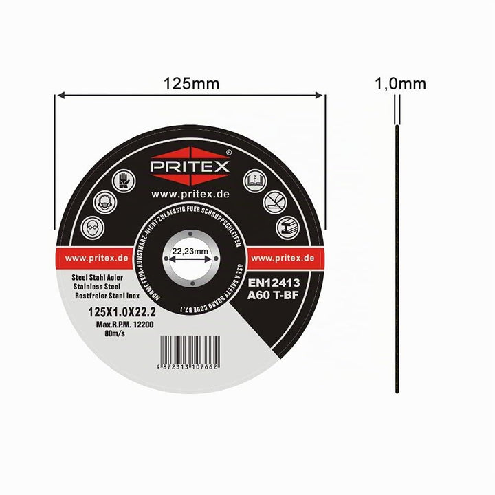 PRITEX – 100 Stück Trennscheiben 125 x 1.0 mm Metall – gerade Flexscheiben zum Schneiden von Stahl,