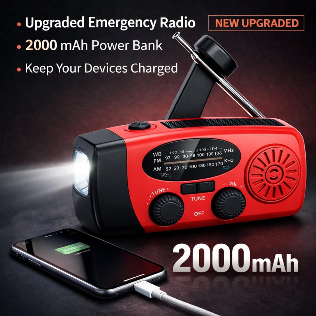 Kurbelradio Notfallradio Solarradio AM/FM, Powerbank 2000mAh, LED Taschenlampe, SOS-Alarm, USB-C, Ha