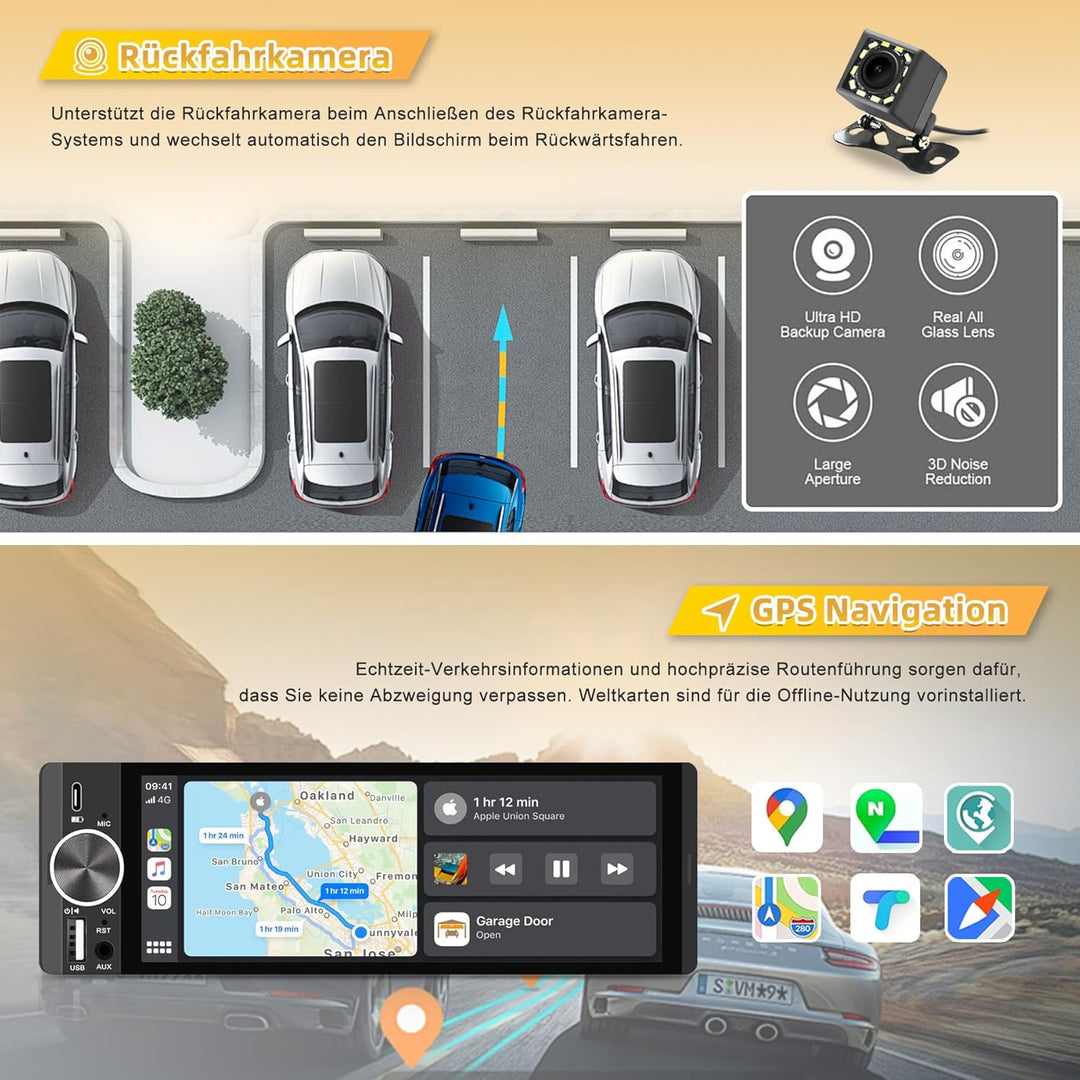 Autoradio mit Bildschirm, Single-DIN, Kabelloses CarPlay und Android Auto, 6,28-Zoll-Touchscreen mit