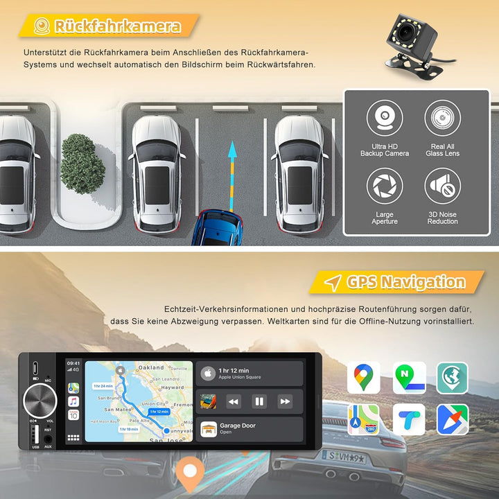 Autoradio mit Bildschirm, Single-DIN, Kabelloses CarPlay und Android Auto, 6,28-Zoll-Touchscreen mit
