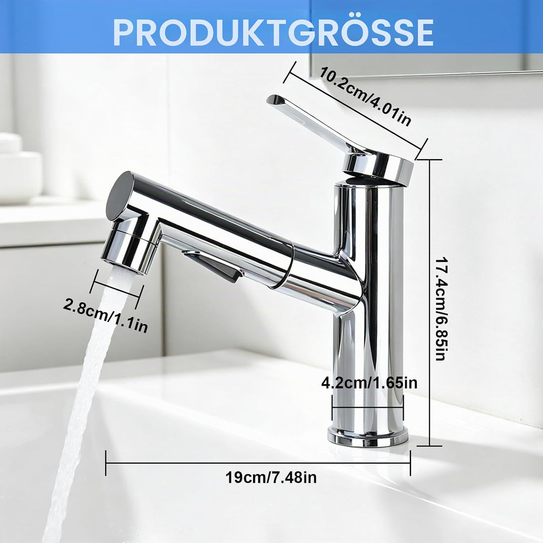 Wasserhahn Bad mit Ausziehbar Brause, Hochdruck Waschtischarmatur Einhebelmischer mit 3 Strahlarten,